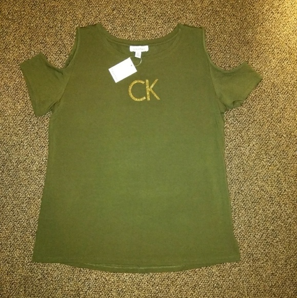 Calvin Klein Olive Cold Shoulder Tee NWT - Picture 1 of 5